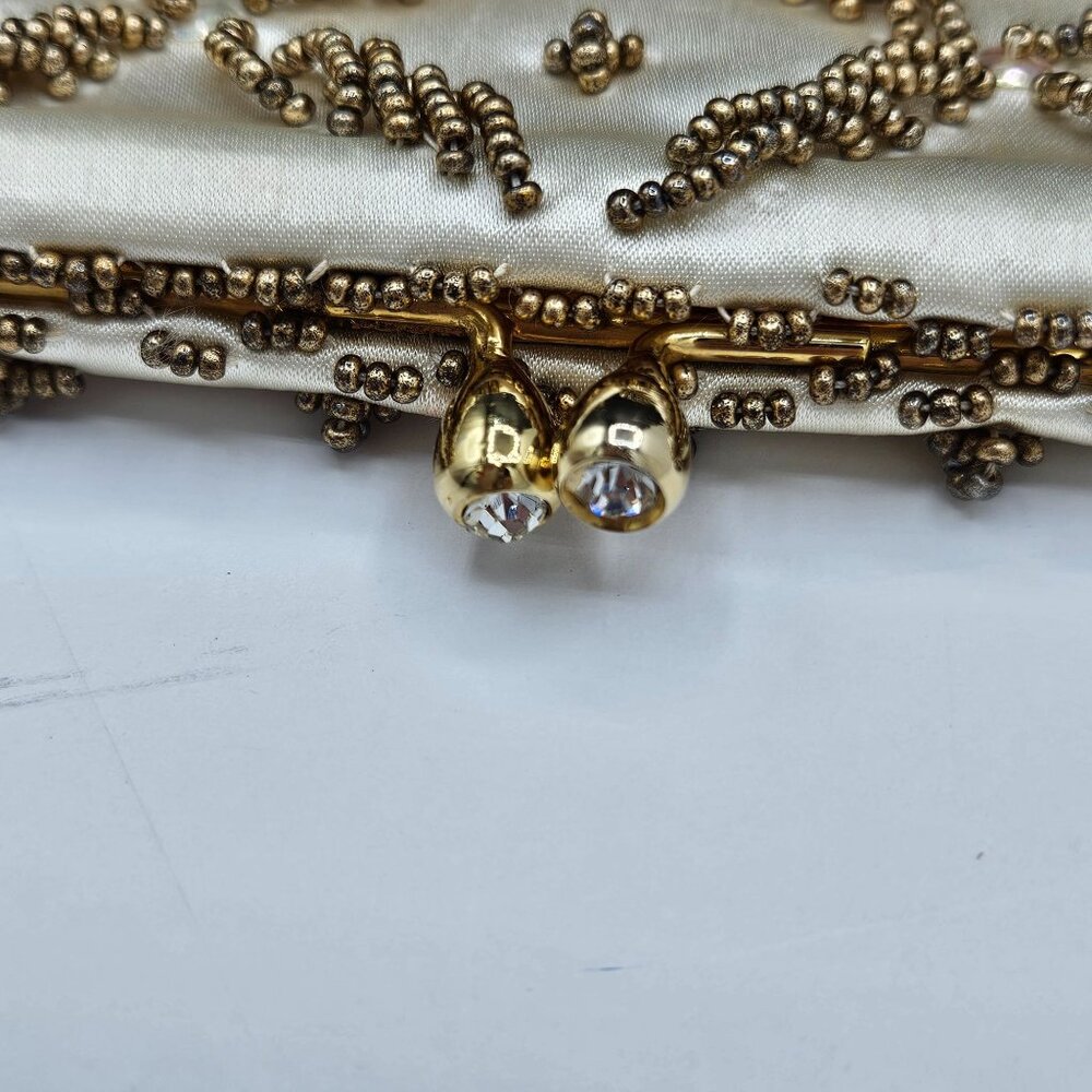Vintage Gold Beaded Ivory Satin Evening Bag With Rhinestone Clasp & Chain Strap - Picture 5 of 8